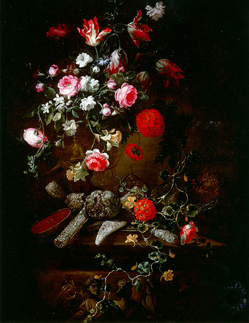 Anonimo — Autore non indicato - sec. XVII/ XVIII - Natura morta con vaso di fiori su base scolpita — insieme